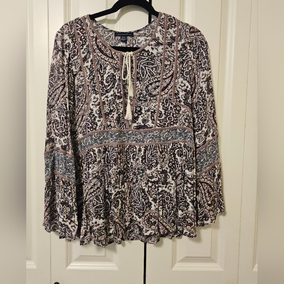 American Eagle Outfitters Tops - American Eagle Outfitters Boho Paisley Tie Front Blouse Top Peasant SZ M
